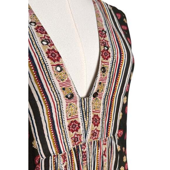 Free People Olive Green White Deep V Neck Lace Up Tunic Mini Dress Small - Picture 10 of 12